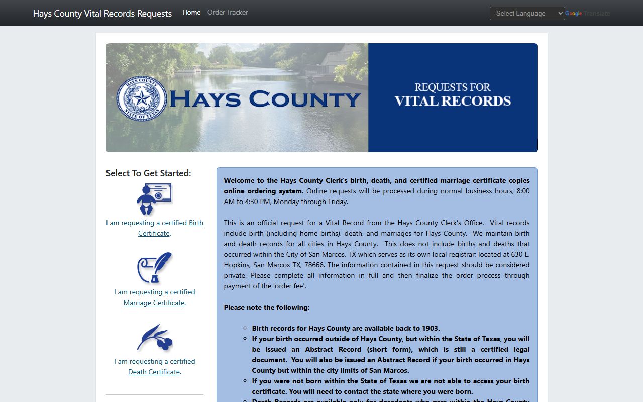 Hays County Permitium portal for County Clerk vital and marriage records