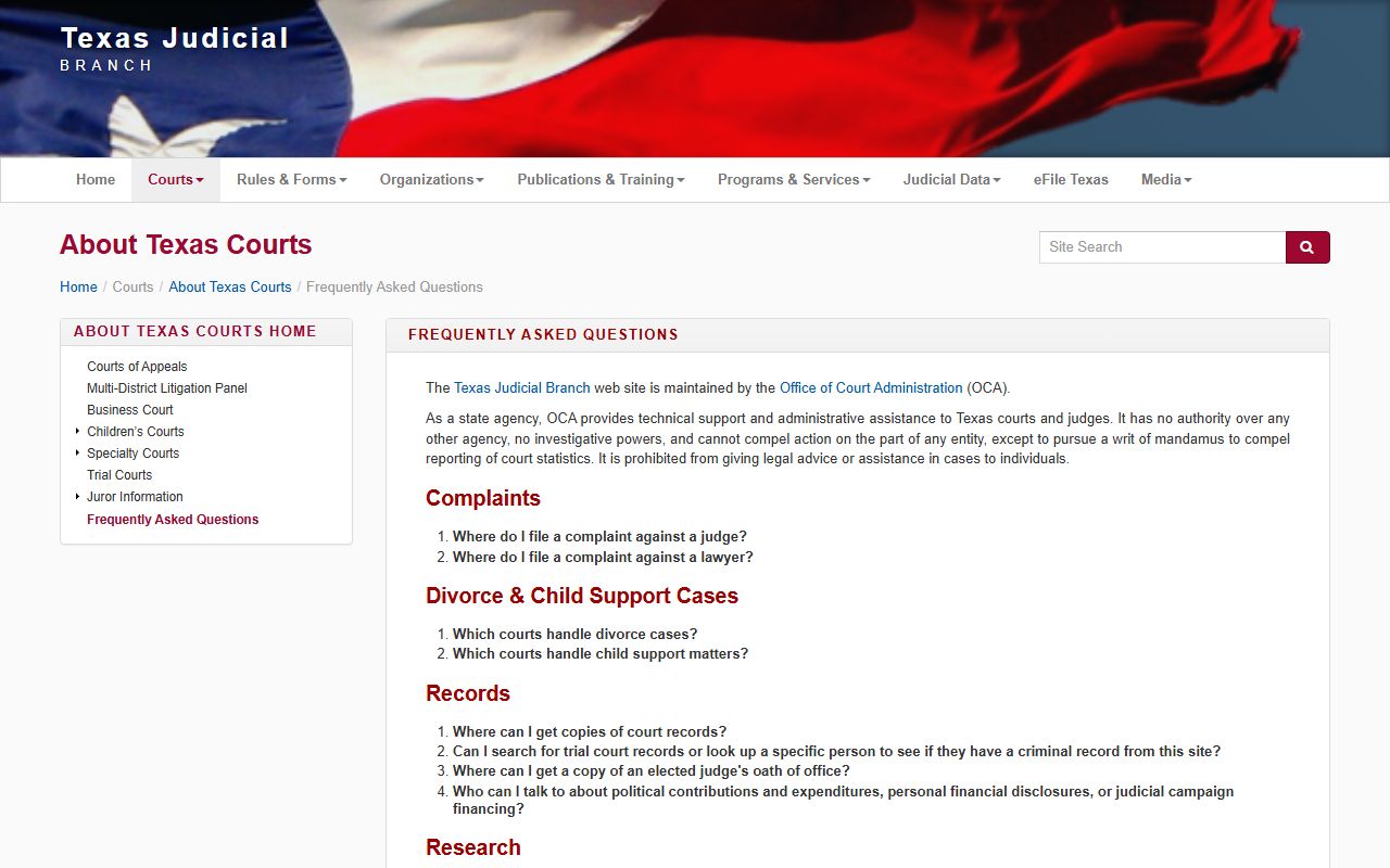 Texas courts FAQ used for Hays County court records questions