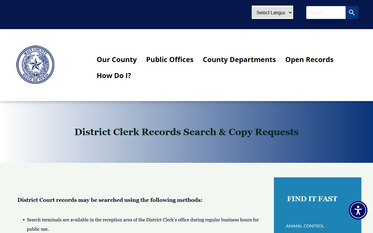 Hays County District Clerk records search instructions for court records