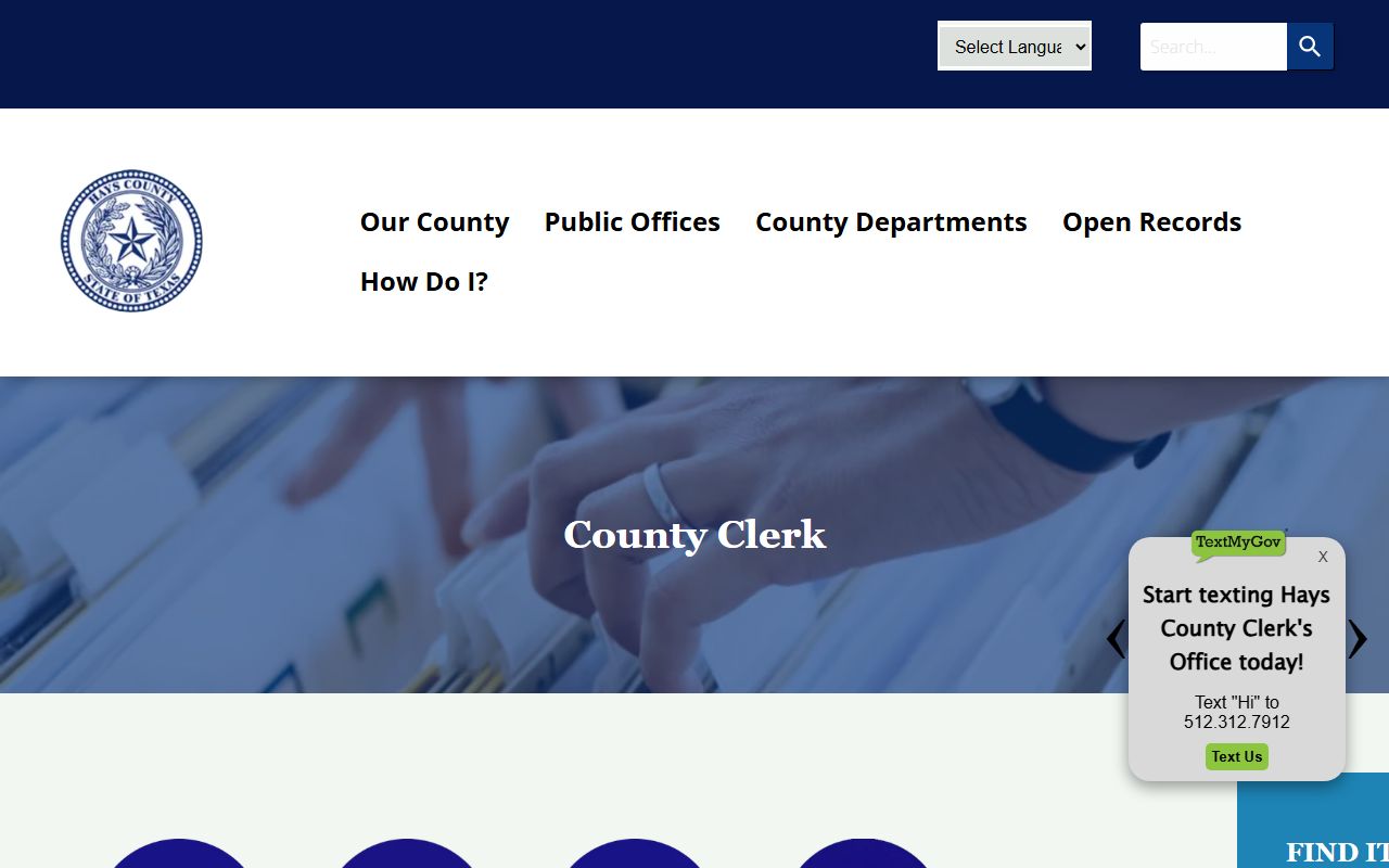 Hays County Clerk main page for marriage, vital, and probate court records