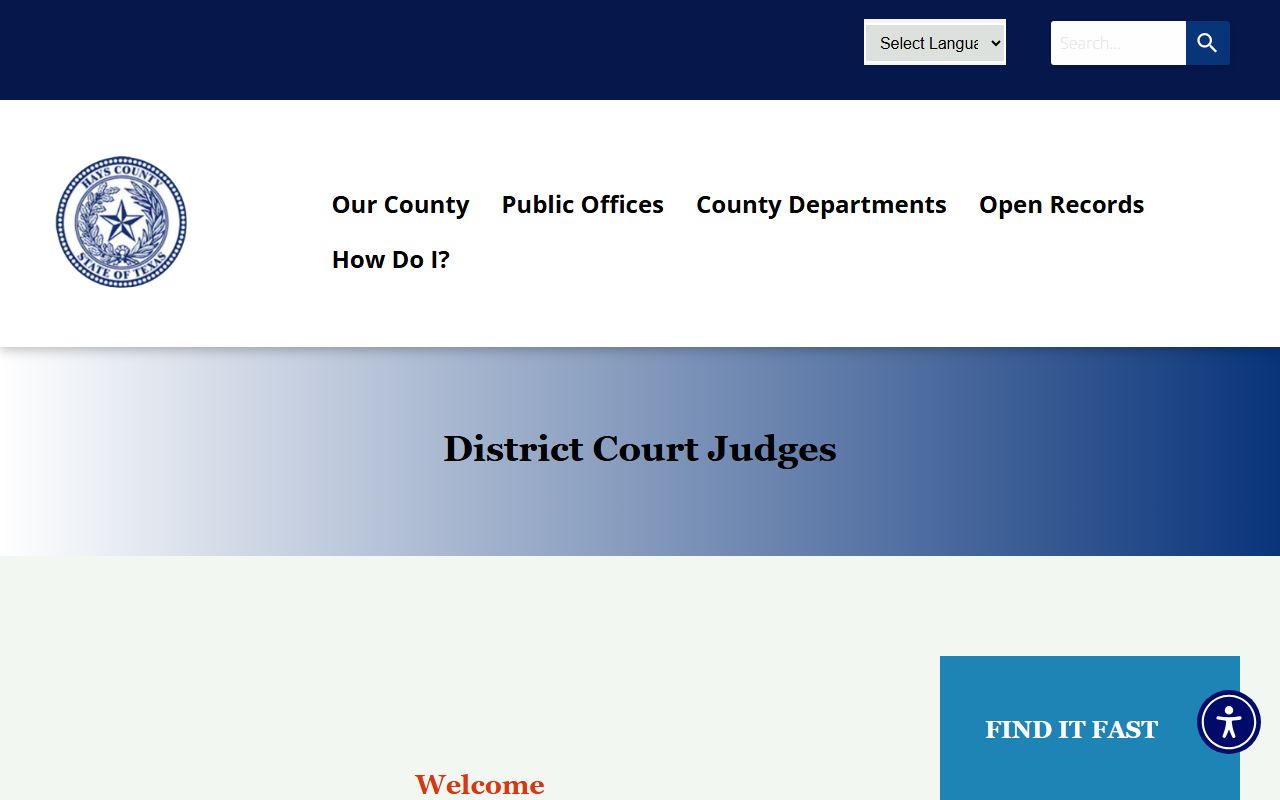 Hays County District Court page listing judges for court records