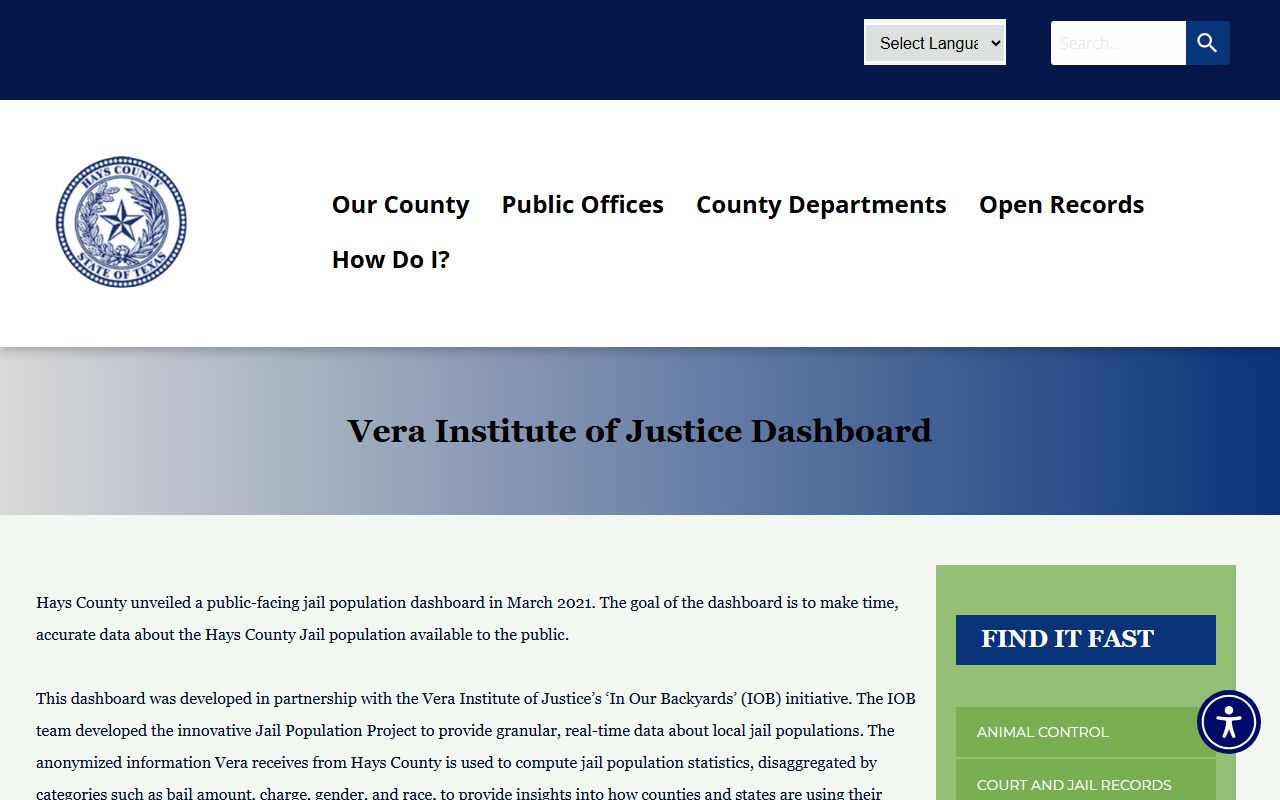 Hays County Vera Institute dashboard background for inmate population data
