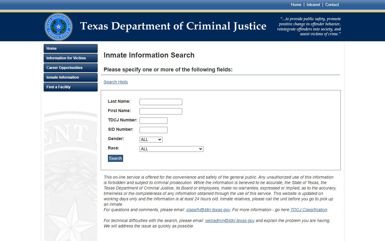 Texas Department of Criminal Justice inmate search for Hays County records