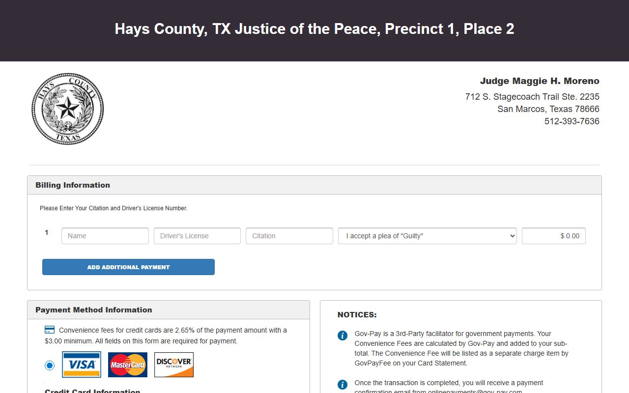 Hays County JP 1-2 pay fines page for traffic court records
