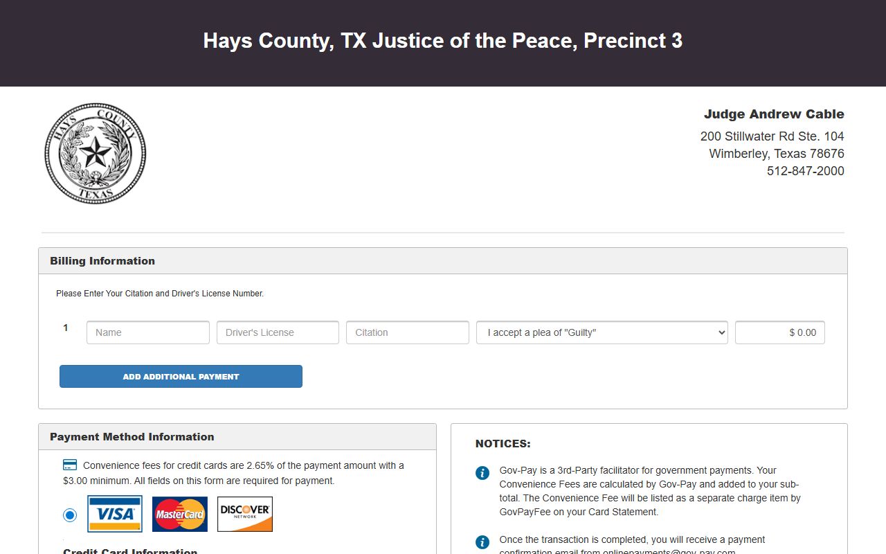 Hays County JP 3 pay fines page for traffic court records