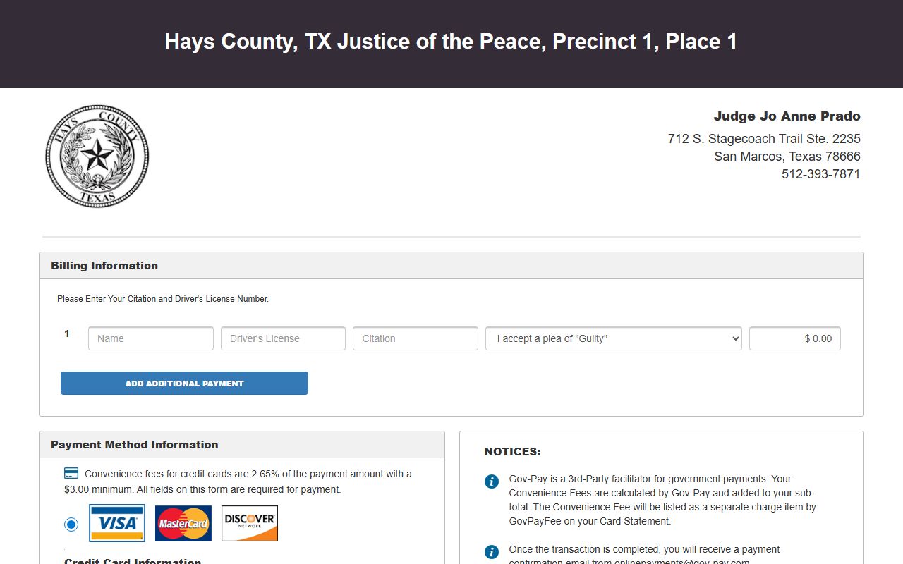 Hays County JP 1-1 pay fines page for traffic court records